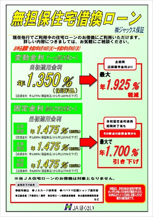 無担保住宅借換ローン事前審査受付サービス Jaほくさい